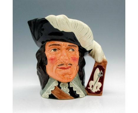 Extension of the feathers with a fleur-de-lis and sword at base handle. Black hat trimmed with whiter feathers; white lace co