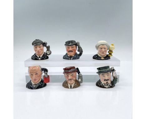 A set of 6 hand painted tiny figural jugs that represents the characters of Sherlock Holmes, a mystery series written by Sir 