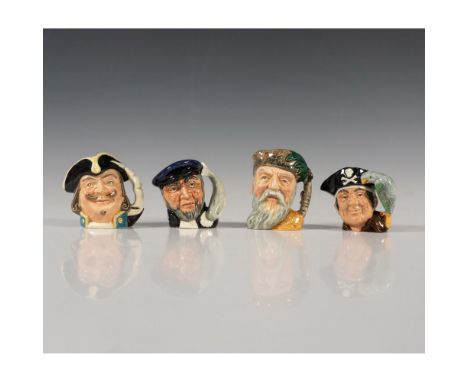 Hand painted and glazed miniature jugs modelled as Captain Ahab D6522, Long John Silver D6512, Captain Henry Morgan D6522, Ro