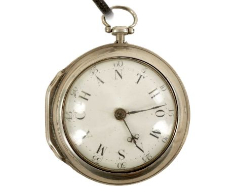 N RAMSON, LONDON. A GEORGE III SILVER PAIR CASE VERGE POCKET WATCH the unusual enamel dial with original beetle and pocket ha
