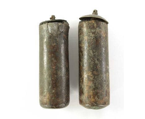 A PAIR OF 18TH CENTURY BRASS CASED LONGCASE CLOCK WEIGHTS
