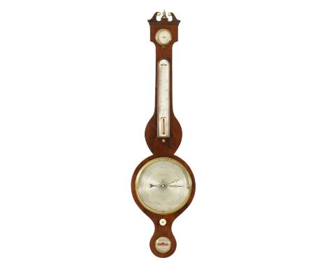 A 19TH CENTURY FIGURED MAHOGANY 8" WHEEL BAROMETER SIGNED F. AMADIO, LONDON The case with swan neck pediment having silvered 