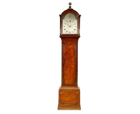 GRAVELL &amp; TOLKIEN, LONDON No.3423 A GEORGE III FLAME VENEERED MAHOGANY EIGHT DAY LONGCASE CLOCK The twelve-inch arched si