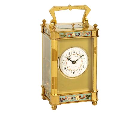 A LATE 19TH CENTURY FRENCH REPEATING EIGHT DAY CARRIAGE CLOCK the champleve enamel and brass case with angled corners and bev