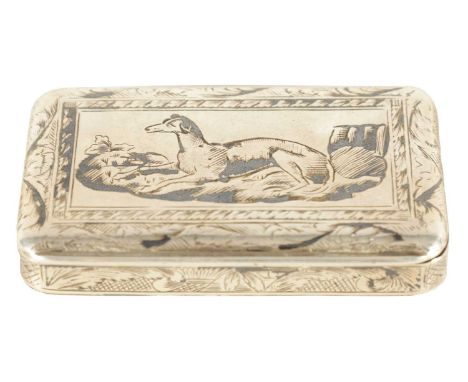 A LATE 19TH CENTURY FRENCH SILVER AND BLACK ENAMEL SNUFF BOX engraved with floral decoration with a recumbent dog on lid - ha
