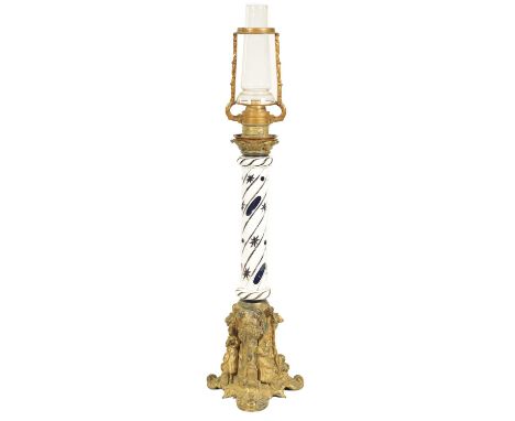 A 19TH CENTURY FRENCH ORNATE CAST BRASS AND WHITE OVERLAY BOHEMIAN GLASS McGARY'S PATENT LAMP the highly ornate leaf and shel