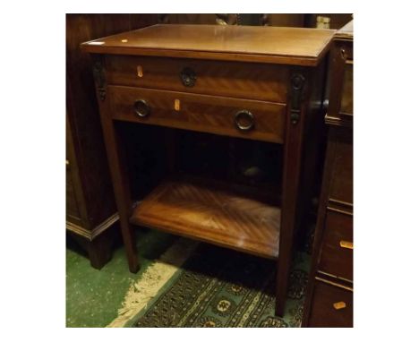 Crossbanded and metal mounted occasional table, with plain rectangular top over a single fitted drawer and shelf base on tape