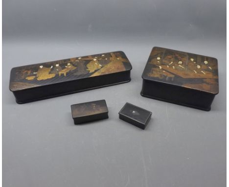Mixed group: two early 20th century Japanese paper m ch boxes with lacquered lids depicting figures in interiors, 7" x 5 1/2"