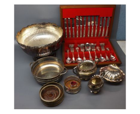 Box of assorted plated wares including a cased modern canteen of flatwares in Kings pattern, Victorian oval two-handled sugar