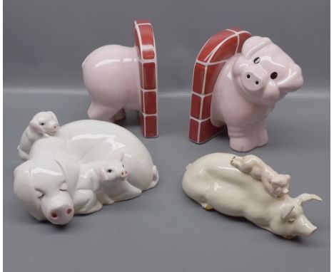 Pair of Carlton ware novelty book ends modelled as a front and back of a pig through a brick wall, together with a further Jo