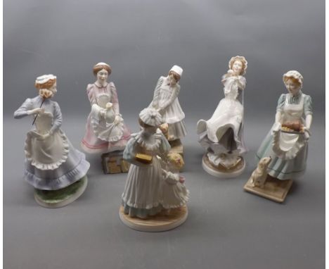 Group of six Royal Worcester Upstairs Downstairs figurines to include The Laundry Maid, The Cook, Governess and Child, The Pa