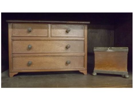 Apprentice style small mahogany chest of two and three drawers with brass button handles and bracket feet, 11 1/2" wide, toge