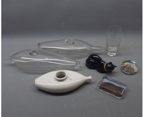 Mixed lot: two glass feeding bottles, a further ceramic example, two lithographic paper weights, a etched whisky glass and an