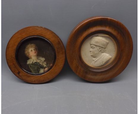 Mahogany circular framed print of Bubbles together with a further circular framed composition plaque of a gent, 6" diameter (