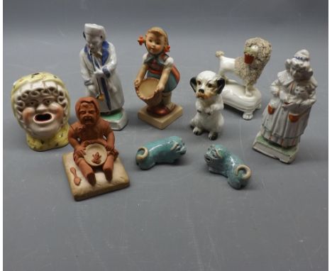 Group containing assorted dog and other ornaments to include a Mrs Claude Staffordshire inkwell, a Rockingham style poodle, a