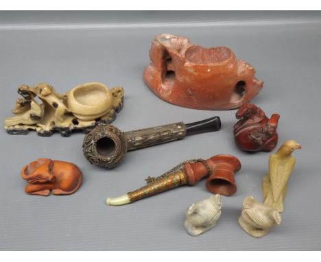 Group: assorted soapstone carved figures, together with a 20th century netsuke of two horses, further continental mounted pip