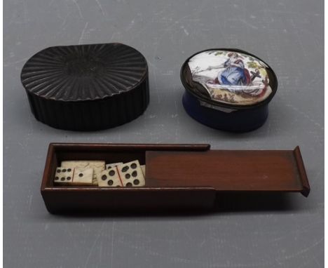 Group comprising a small mahogany cased set of miniature dominoes together with a Georgian enamel patch-box (a/f) depicting a