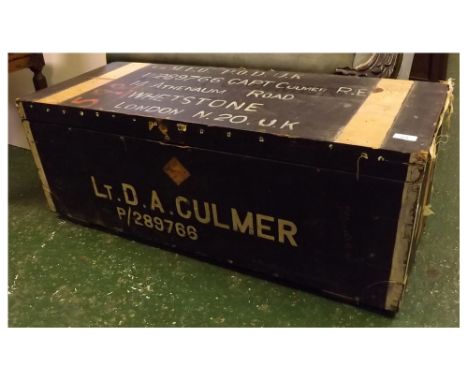 20th century black painted military trunk, detailed to the hinged cover "P/289766 Capt Culmer, RE", with further London addre