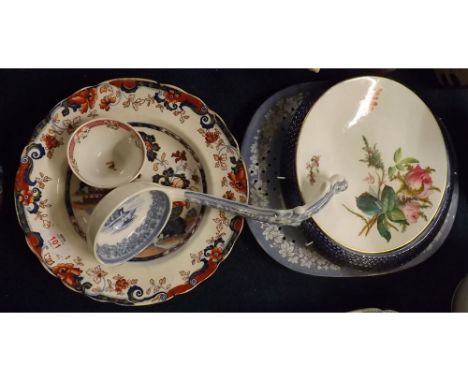 19th century stone china shallow bowl in Amherst Japan pattern together with a Worcester cream and floral plate, a 19th centu