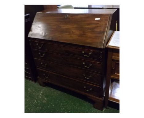 Georgian mahogany drop fronted bureau, with fitted pigeonhole interior, fitted with four full width drawers with brass swan n