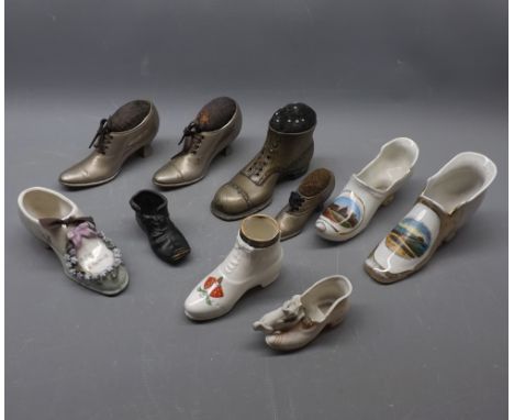 Collection of ten assorted 19th century shoe ornaments to include four pewter shoe pin cushions, a bronze match striker model