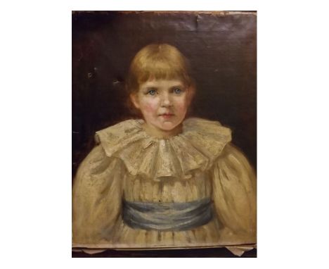 19th century English school, oil on canvas, Head and shoulders portrait of a young girl wearing white dress and blue ribbon, 