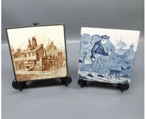 Minton tile in a pewter frame, of The Old Edinburgh, St Mary's Street, together with a further Josiah Wedgwood & Sons blue an