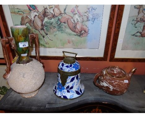 A Very Good 19th Century Brass Bound Tea Caddy with makers stamp underneath along with a tea pot and a majolica style urn.