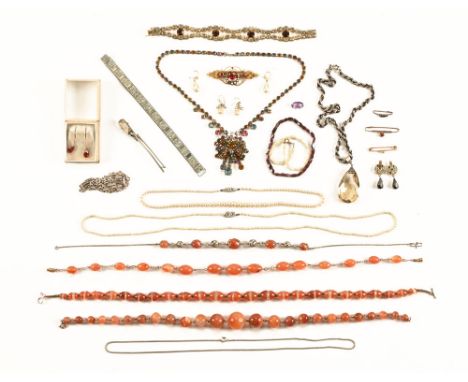A quantity of necklaces, pendants and other costume jewellery etc, a strap of seed pearls, bar brooch, simulated pearl earrin