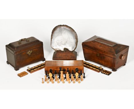 A mounted oyster shell, 26.5 cm high to include base, together with two 19th century mahogany tea caddies and an early 20th c
