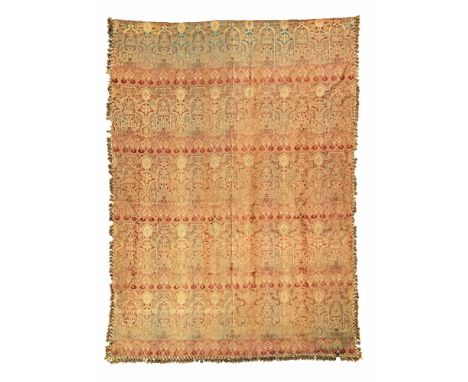 A substantial tapestry wall hanging, with floral geometric design and tasselled fringes.  267 cm long, 204 cm wide.