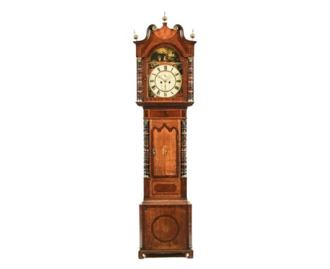 An early 19th century oak and mahogany banded longcase clock, with two train movement and painted dial, makers name indistinc