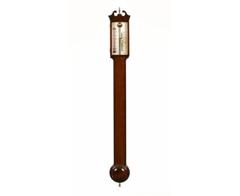A 20th century mahogany stick barometer, with swans neck pediment and silvered dial with alcohol thermometer, the case with m