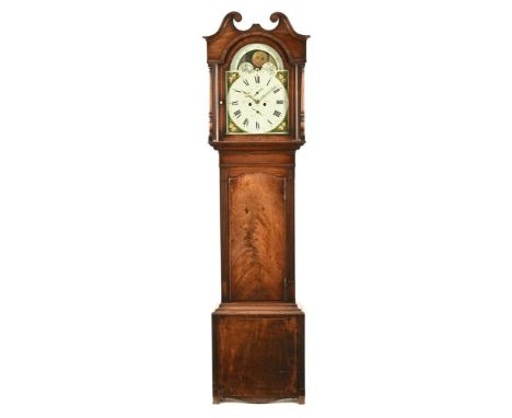 A 19th century mahogany eight day longcase clock, having painted arched moonphase dial, signed Telford Wigton.  222 cm high. 