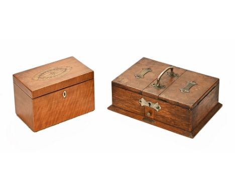 A Georgian mahogany tea caddy, with insect inlaid to the top.  Width 18 cm, together with a combination cigar box with lighte