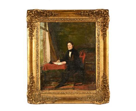 John Cawse (1778-1862), full length portrait of J.B. Taylor seated at his desk dressed in black with a black cravat and white