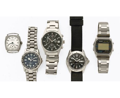 A vintage T.C.M. chronograph watch and four others.