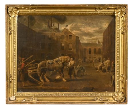 A Victorian oleograph, brewery scene in original gilt frame.  43 cm x 55 cm.