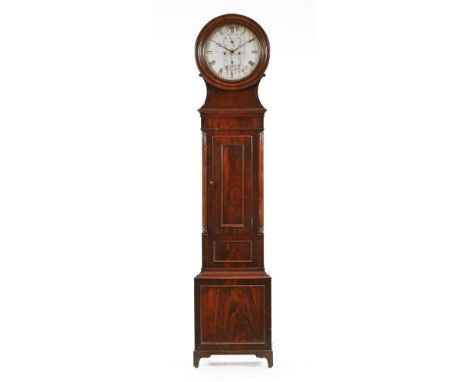A Scottish mahogany drumhead longcase clock, mid 19th century.  Dial 32 cm diameter with eight day striking movement signed F