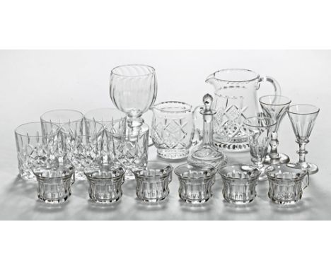 A collection of cut and other glassware, including five tumblers, various jugs, custard cups etc.