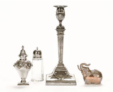 A silver plated candlestick, Edwardian with swags to the square base, together with two plated sifters and a metal elephant. 