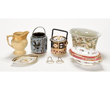 A Victorian Imari patterned biscuit barrel, a salt glazed jug and a hand painted oval planter decorated with birds and branch