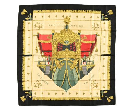 A vintage Hermes scarf, "Vue du Carosse de la Galere La Reale" pattern, +/- 88 cm square. (see illustration).