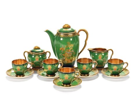 A Carltonware chinoiserie patterned coffee service, comprising coffee pot, sugar basin, cream jug, five cups and five saucers