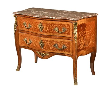 A continental marble topped serpentine marquetry commode, fitted with two drawers with ormolu mounts, cabriole legs and sabot