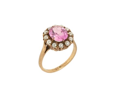 A Georgian pink sapphire and river pearl set ring, in gold coloured metal setting, sapphire +/- 3 carats, size P (see illustr