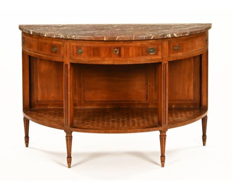 A continental demi lune marble topped console table, with frieze drawer and two dummy drawers, square form supports to parque