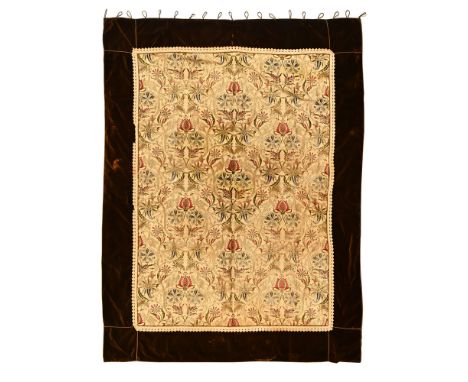 An early 20th century embroidered panel, depicting intricate floral and bird designs.  Size excluding later velvet border 164