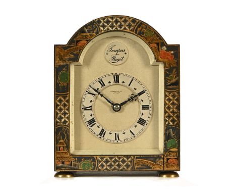 A Harrods retailed chinoiserie lacquered mantle clock, with single train spring driven movement and silvered dial.  Height 17