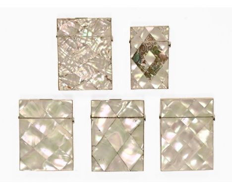 Five late 19th/early 20th century card cases, all rectangular and inlaid with mother of pearl.  Largest 10 cm long (5).